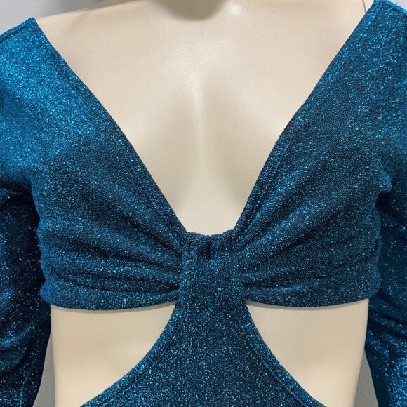 LULU'S magical sparkly blue deep V-neck & CUT-OUT BACK bodycon dress NWT size M - Picture 3 of 13